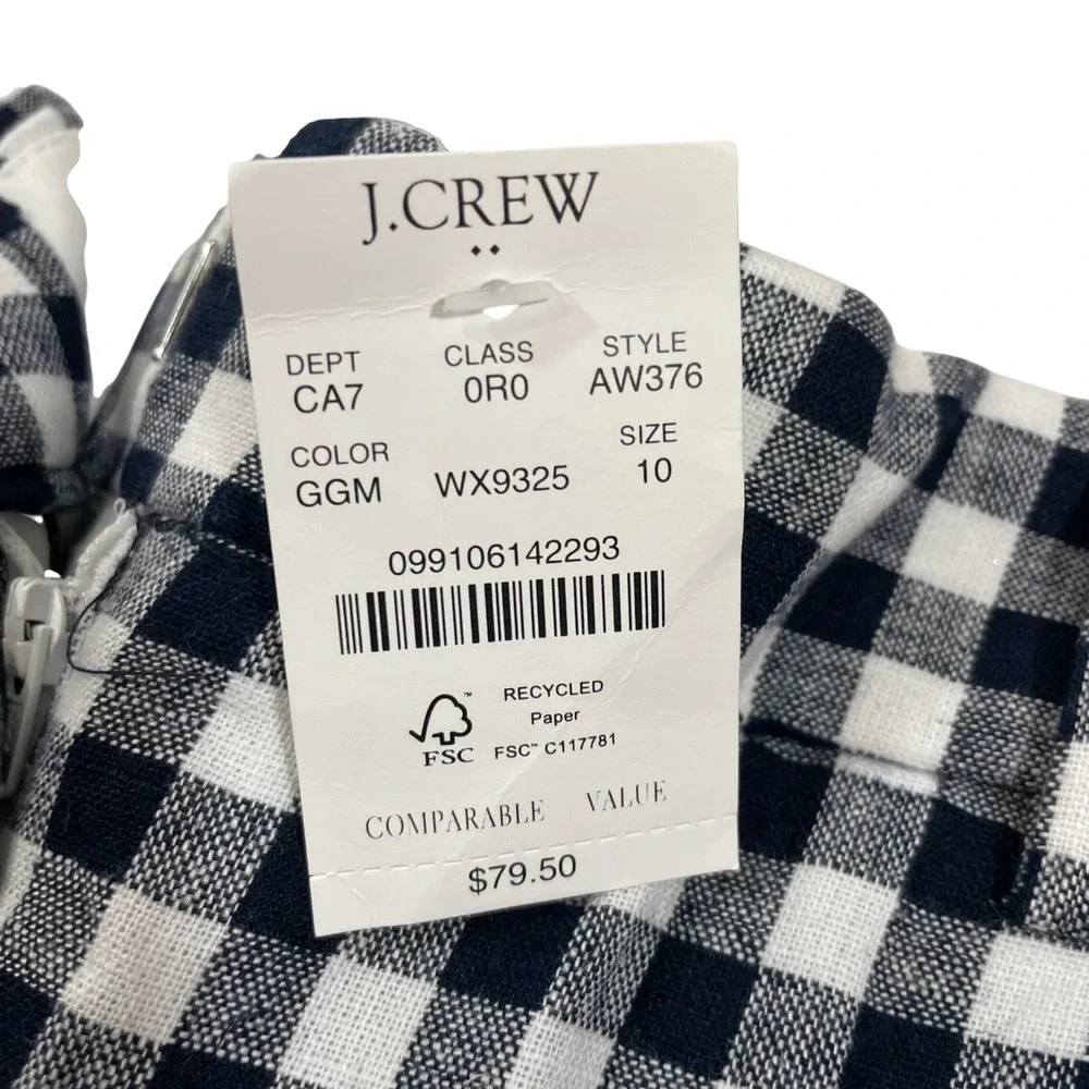 NWT J. Crew Gingham Linen Cotton Holland Pants‎ AW376 Blue White Size 10
